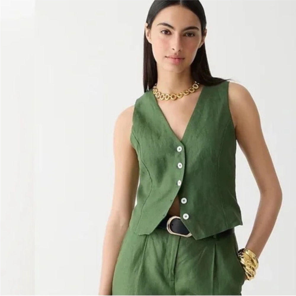 J. Crew Green Linen Button-Front Vest